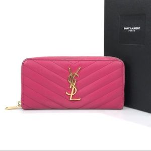 Saint Laurent YSL Monogram Zip Around Wallet in Pink Leather